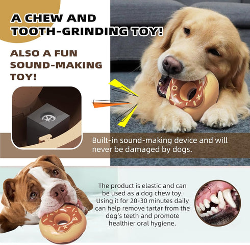 Dog Chew Toys for Aggressive Chewers - Indestructible Tough Squeaky Toys for Small/Medium/Large Breeds, Donut Brown