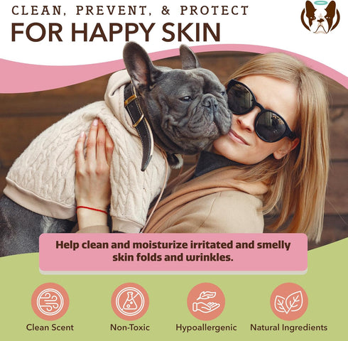 Natural Dog Company Wrinkle Wipes for Dogs, 50 Count, Hypoallergenic Cleaning & Deodorizing Wipes for Grooming