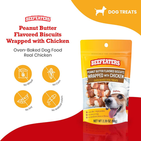 Beefeaters Peanut Butter Biscuits Wrapped with Chicken Dog Treat, 2.39oz, Case of 12