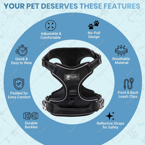 Dog Harness No-Pull Adjustable Vest - 3M Reflective Oxford Material for All Sized Dogs (Small, Black)