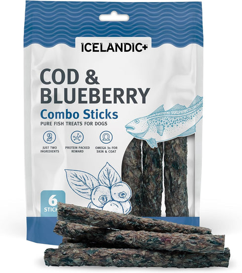 Icelandic+ Combo Sticks: Cod & Blueberry - 2oz Dog Treats, Crunchy Pet Snacks, Preservative Free