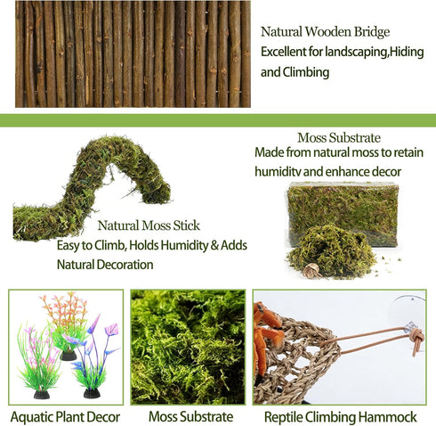 Hammock,Reptile Hermit Crab Accessories, Hermit Crab Climbing Toys,Flexible Moss Pole with Wood Bridges Reptile Tank