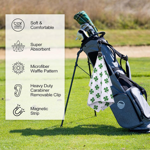 Magnetic Golf Towel with Clip, Microfiber Waffle Design - Strong Hold Magnet for Golf Bags, Carts, Clubs (Lucky Clover)