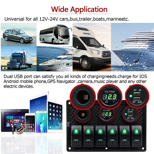 FXC 6 Gang Waterproof Marine Boat Rocker Switch Panel with Dual USB, Cigarette Lighter & Green LED Voltage Display