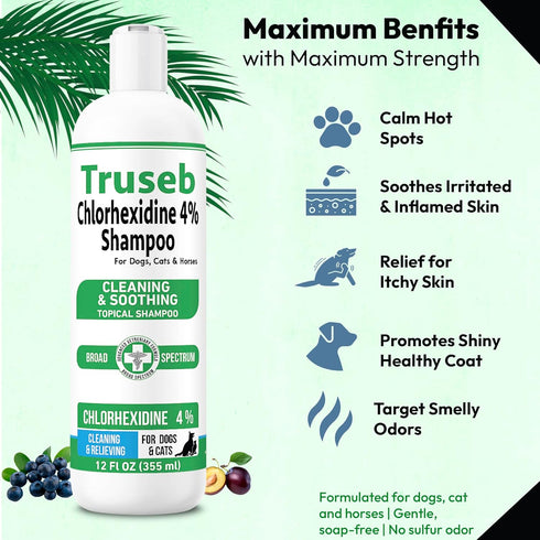Pet Health Pharma 4% 12 oz 4% 12 oz) Truseb Topical Chlorhexidine Shampoo for Dogs, Cats, and Horses