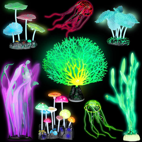 Frienda 8 Pieces Glowing Fish Tank Decorations - Plants with Glowing Kelp, Sea Anemone, Coral, Jellyfish & More