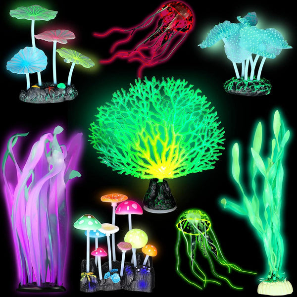 Frienda 8 Pieces Glowing Fish Tank Decorations - Plants with Glowing Kelp, Sea Anemone, Coral, Jellyfish & More