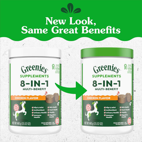 8-in-1 15.5 oz. 80 Count Greenies Dog Supplements Multi-Benefit Dog Vitamins and Supplements Chicken Flavor, Container