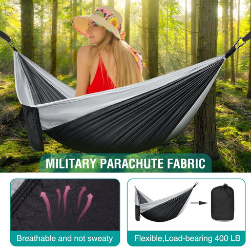 Hammock Camping, Portable Single/Double Hammocks for Outdoor Hiking, 210D Nylon Hammock Swing (Black/Gray)