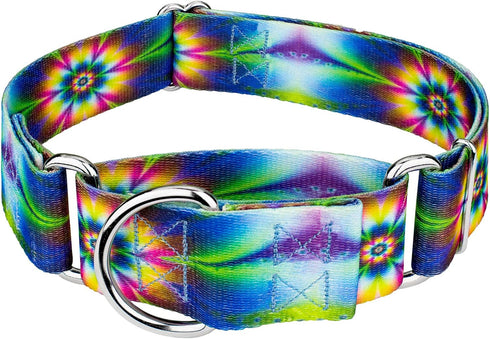 Country Brook Petz HossFit Jr Wide Martingale Dog Collar - Groovy Collection, Tie Dye Flowers, Medium