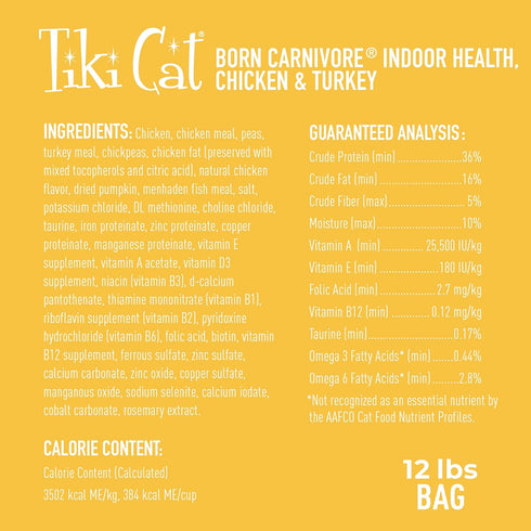 Tiki Cat Born Carnivore Indoor Health, Chicken & Turkey Meal, Dry Cat Food, Grain-Free Baked Kibble, 12 lbs. Bag