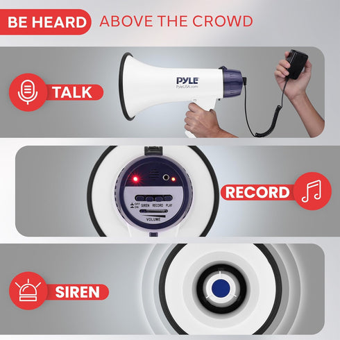 Pyle Compact Portable PA Megaphone Speaker - 50W Handheld Bullhorn with LED Flashlight, Alarm Siren