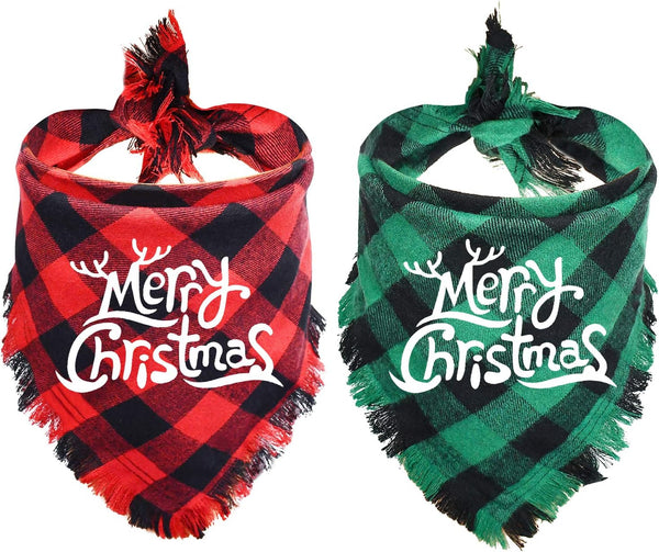 Malier 2 Pack Dog Bandana, Christmas Classic Buffalo Plaid Pattern with Tassels for Small Medium Large Dogs