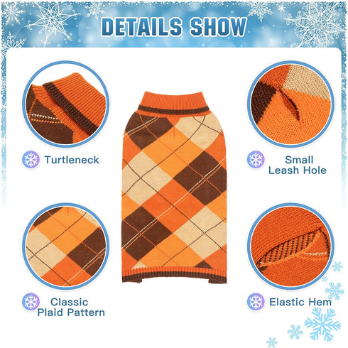 Dog Sweater - Classic Plaid Knitted Turtleneck for Small Medium Dogs and Cats, Warm Winter Clothing
