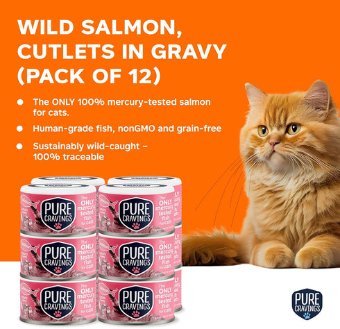 100% Pack 12 Pure Cravings Wet Cat Food Canned Salmon Cutlets in Gravy, Mercury-Tested, Moist Can Fish for Cats