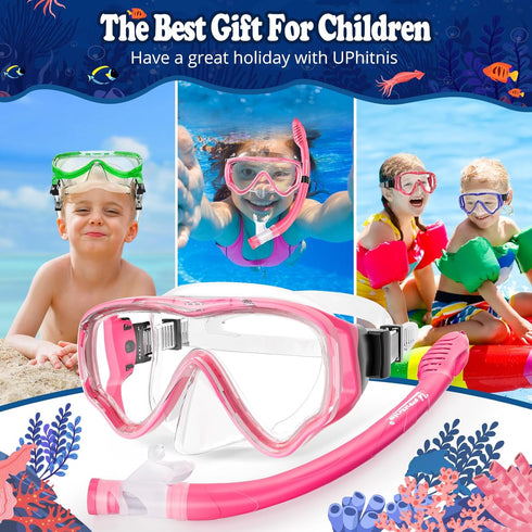 U PHITNIS Kids Snorkel Set - Dry Top Snorkeling Gear for Age 4-14, Childs Diving Mask with Big Eyes