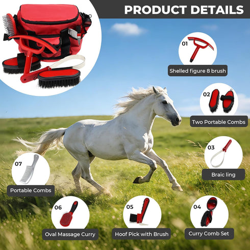 Amouu 9-Piece SteadyRide Pro - Professional Horse Grooming Kit - Stable-Ready Hanging Bag with Ergonomic Pro-Grip