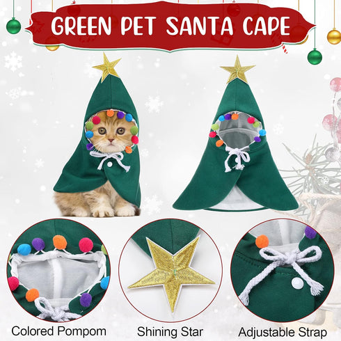 3 Pieces Christmas Pet Costumes Set, Includes Puppy Cat Cloak with Star, Pompoms, Antlers Headband, Santa Cape