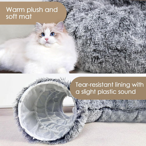 Cat Tunnel Bed for Indoor Cats, Peekaboo Cat Cave with Washable Soft Play Mat, Furry Cat Tube, for Kitten/Puppy/Rabbit