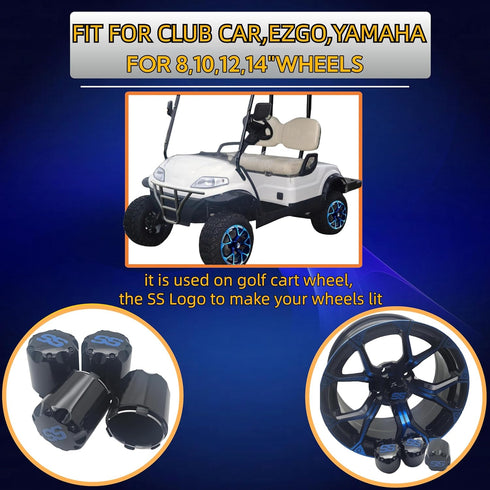 Golf Cart SS Wheel Center Cap Cover, ITP Push in Style for EZGO, Club Car, Yamaha, 4 PCS (Gloss Black with Blue SS)