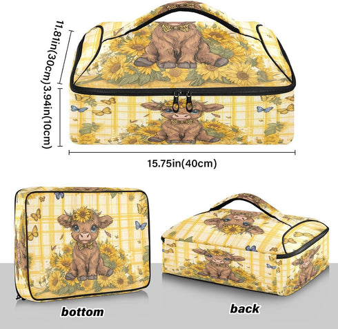 ALAZA Insulated Casserole Carrier for Hot or Cold Food, A Lovely Highland Cow Baby is Sitting Among Sunflowers with A