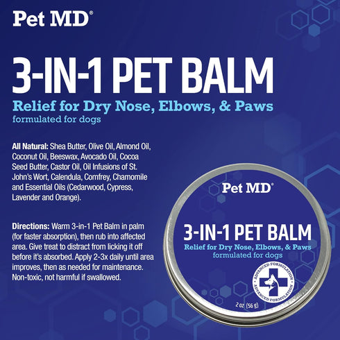 Pet MD Dog Paw Balm, 3-in-1 Moisturizer for Paw, Nose/Snout & Elbow, 2 oz Paw Wax with Shea Butter