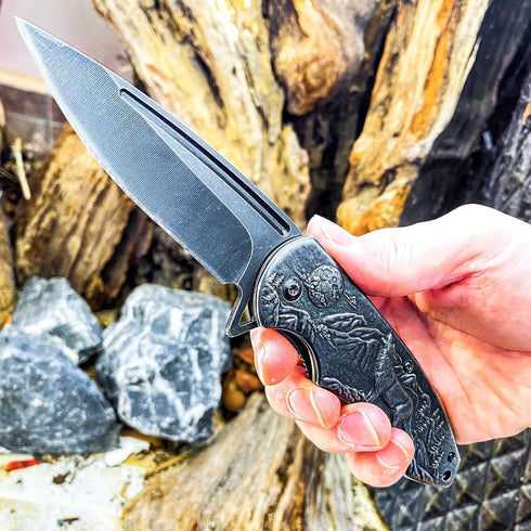 MADSABRE Wolf Pattern Folding Pocket Knife - Stone Washed Steel Handle, Liner Lock for Outdoor Camping and Hunting