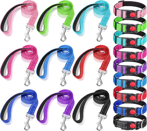 Silkfly 9 Sets Dog Collar and Leash Set, Reflective Nylon, Adjustable Dog Collar, Padded Handle, Walking Training