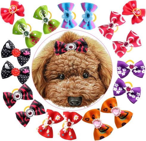YOY 50 Pcs Adorable Grosgrain Ribbon Pet Dog Hair Bows with Elastic Rubber Bands, Doggy Kitty Topknot Grooming