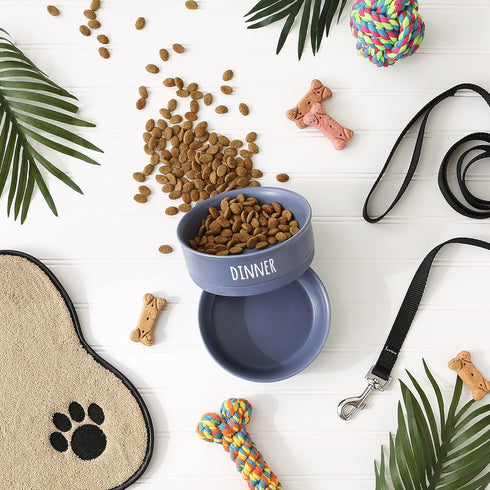 Bone Dry Ceramic Pet Bowls for Dogs & Cats, Dishwasher & Microwave Safe, Non-Slip Bottom, Medium Set, French Blue