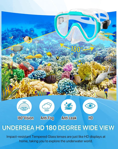 Snorkeling Gear for Adults, 4 in 2 Snorkel Set with Panoramic View Diving Mask, Anti-Fog, Dry Top Snorkel, Fins