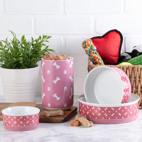 Bone Dry Ceramic Pet Bowls, Microwave & Dishwasher Safe, Non-Slip Bottom for Secure Feeding, Medium Bowl Set, Rose
