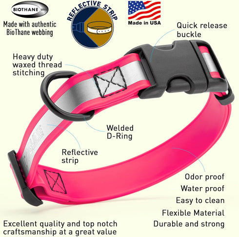 Dogline BioThane Reflective Dog Collar – Waterproof Heavy Duty Dog Collars – High Visibility Quick Release Dog Collar with Sturdy Buckle – Fun Modern Colors – Comfortable and Safe