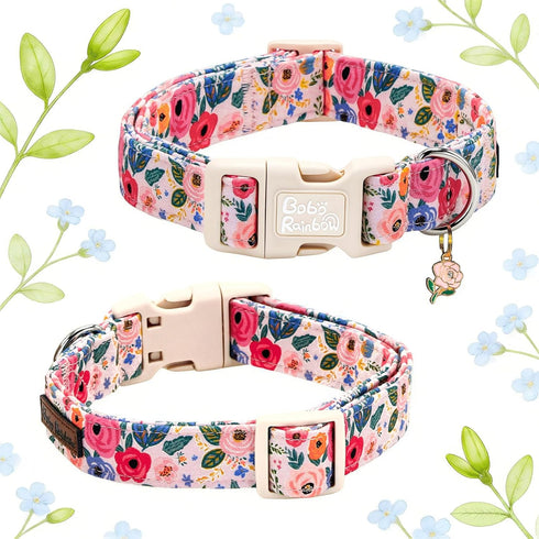 Dog Collars, Spring Blue Floral Print Pet Collar Holiday Light Pink Durable Adjustable Pendant Gift Collar with Quick