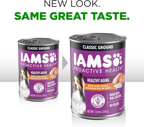13 oz. (Pack 12) IAMS Proactive Health Senior Wet Dog Food, Classic Ground Dog Wet Food, Slow Cooked Chicken and Rice