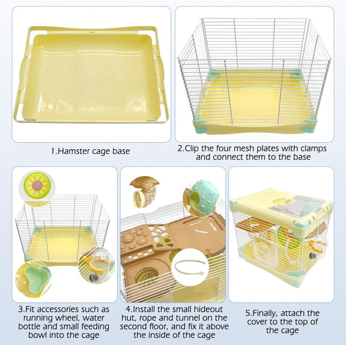 Hamiledyi Portable Hamster Cage, 2 Layers Dwarf Hamster Habitat with Exercise Wheel for Small Animals