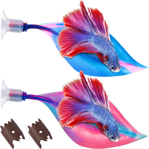WILLBOND 2 Pieces Silicone Betta Bed Leaf Hammock for Betta Fish, Comfortable and Safe Resting Spot (Blue, Pink)