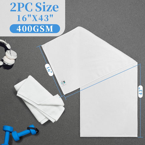 (2PC, 16"x43") 100% White Workout Towels for Gym - Cotton, Breathable, Soft & Absorb - Sweat Towel for Men & Women