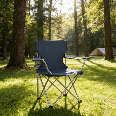 Generic 250LBS, Quad Folding Camp Chair with Cup Holder, Dark Blue, Heavy-Duty Steel Frame, Supports Portable Compact