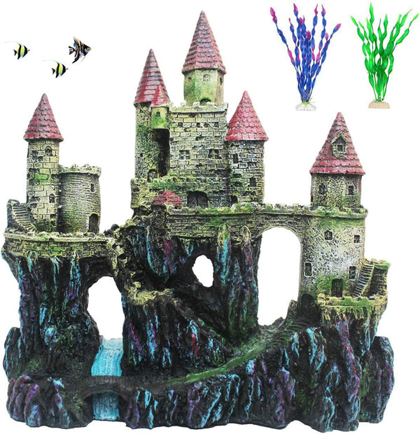PINVNBY Aquarium Resin Castle Decoration, Fish Tank Driftwood Castle Hideouts, Red