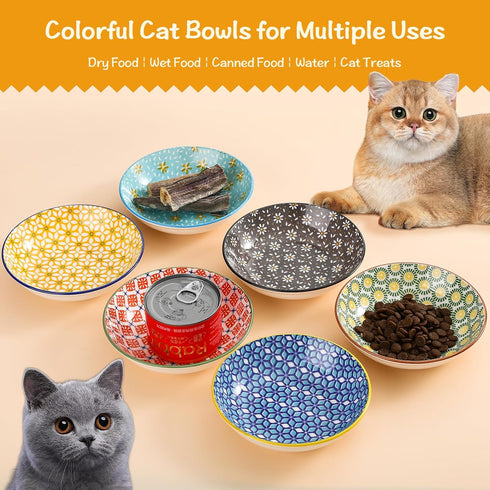 Ceramic Cat Bowls Set of 6, Floral Series Colorful Dishes with Non-Slip Mat, 5.75" Shallow Wide Cat Food Plate