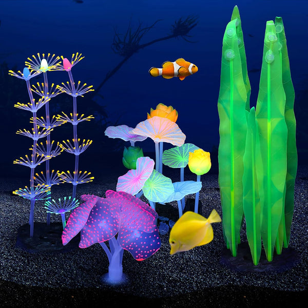 4 pcs Glow Aquarium Decoration Plants Kit, Glowing Fish Tank Decorations, Coral Plant Ornaments, Lotus Kelp, Anemone
