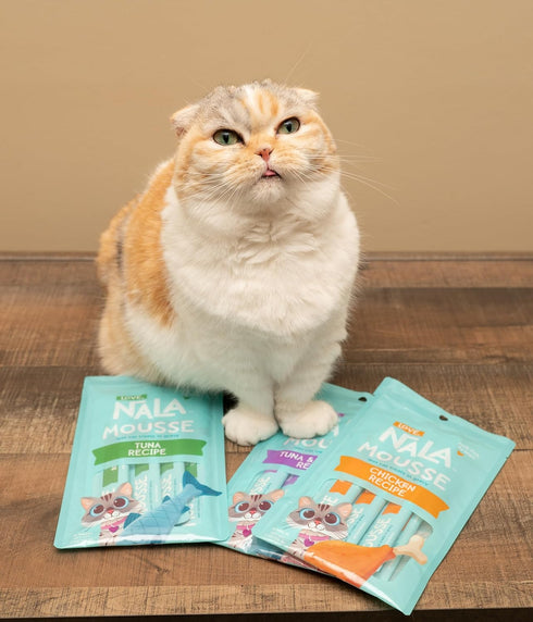 LOVE, NALA Natural Lickable Cat Treat Topper - Tuna & Salmon Collagen Mousse, Grain Free, 4 Pack 2 oz.