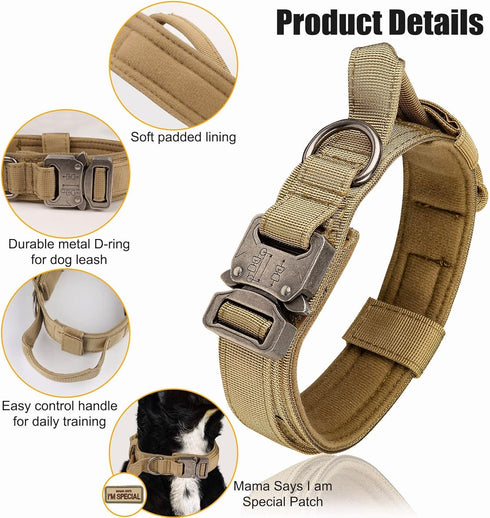 KCUCOP Tactical Dog Collar with Handle, Adjustable Military Collar with Metal Buckle and Patches for Medium Dogs