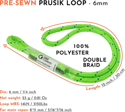 GM CLIMBING 6mm Prusik Cord Pre-Sewn 12in Prusik Loop for Climbing, Arborist, Rescue, Outdoor Use