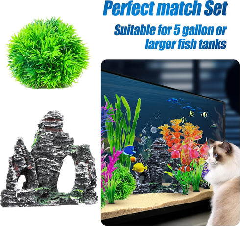 13Pcs Fish Tank Artificial Plastic Plants & Cave Rock Decor Set - Aquarium Decorations Kit