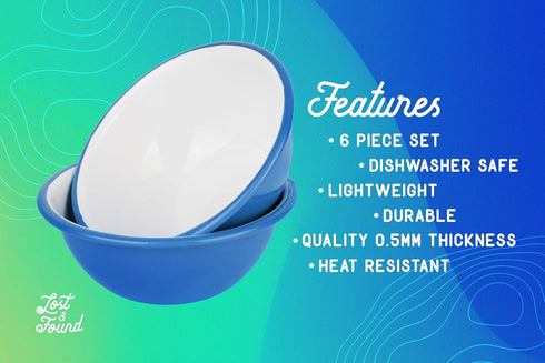 Lost & Found 6 Piece Premium Enamelware Bowl Plate Mug Outdoor Dining Set for Camping Hiking Vanlife (Glacier Blue)