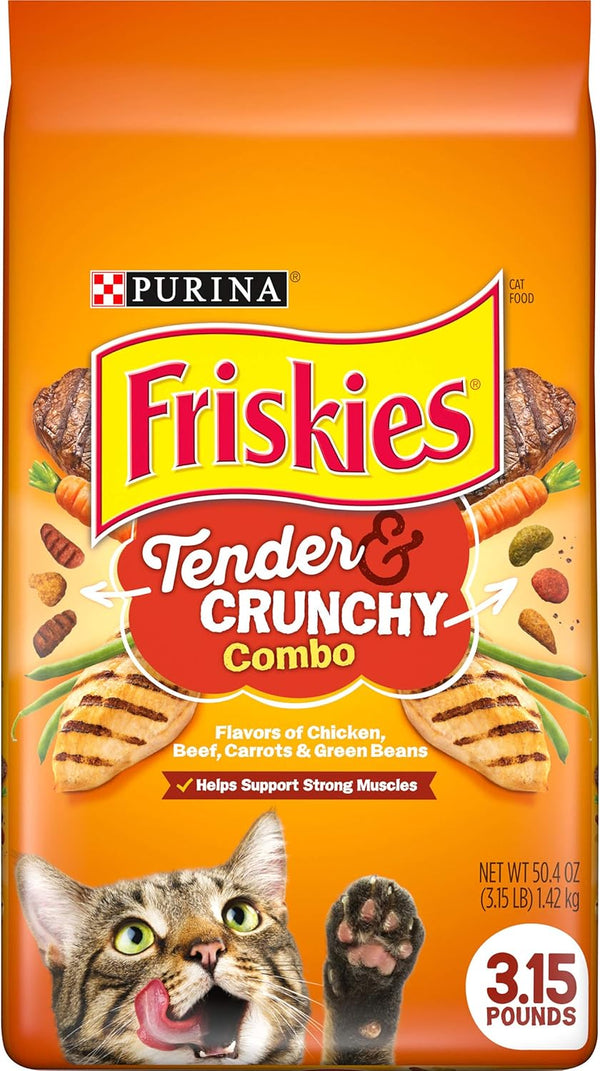 Friskies Dry Cat Food, Tenders and Crunchy Combo, Chicken, Beef, Carrots and Green Beans, 3.15 lb Bag
