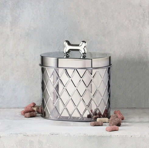 Amici Pet Chance Oval Metal Treats Storage Canister, Stainless Steel, 52 Ounces, Food Safe, Silver Tone Bone Knob