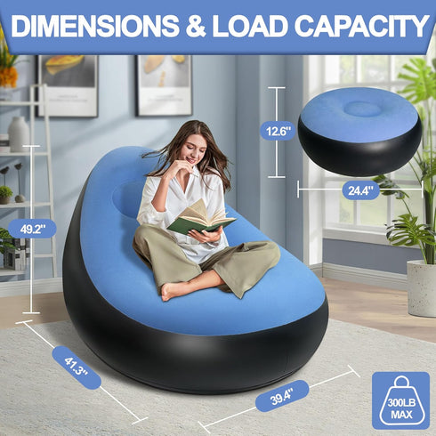 SeaSlep Inflatable Chair with Ottoman, Inflatable Couch for Adults with Flocked Surface, Comfortable Blow Up Air Chair